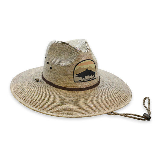 safari style woven hat with a patch on the front with a trout silhouette and mountains