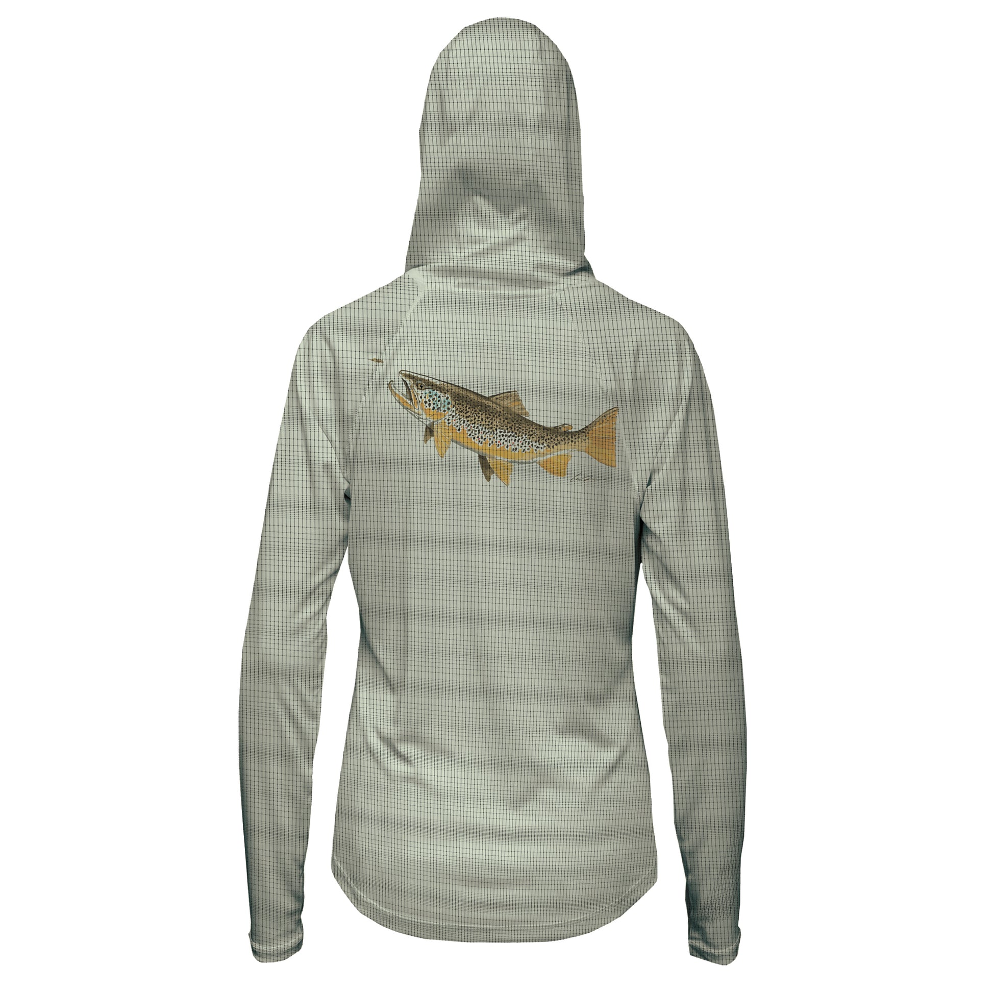 Light green women's sun hoody with a brown trout on the back