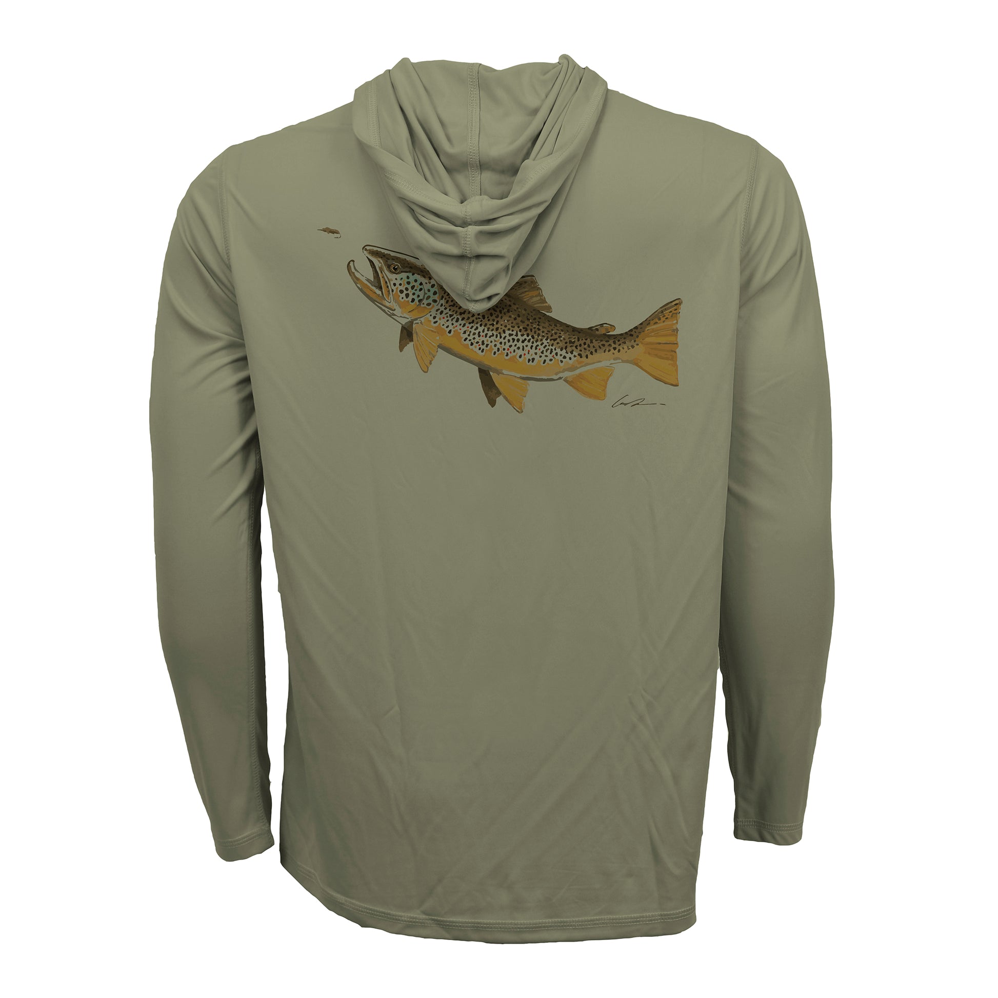 Green sun hoody with a brown trout on the back