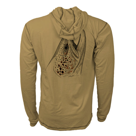 dark tan sun hoody with a brown trout head on the back