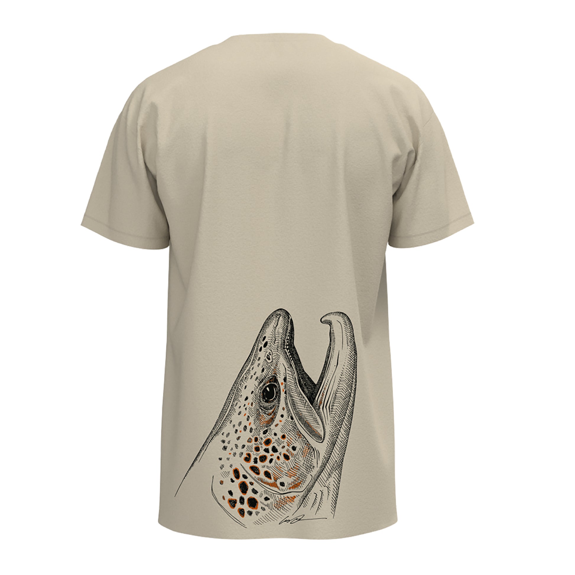 a tan tee shirt with a pen and ink drawing of a brown trout head on the back facing up towards the sleeves. 