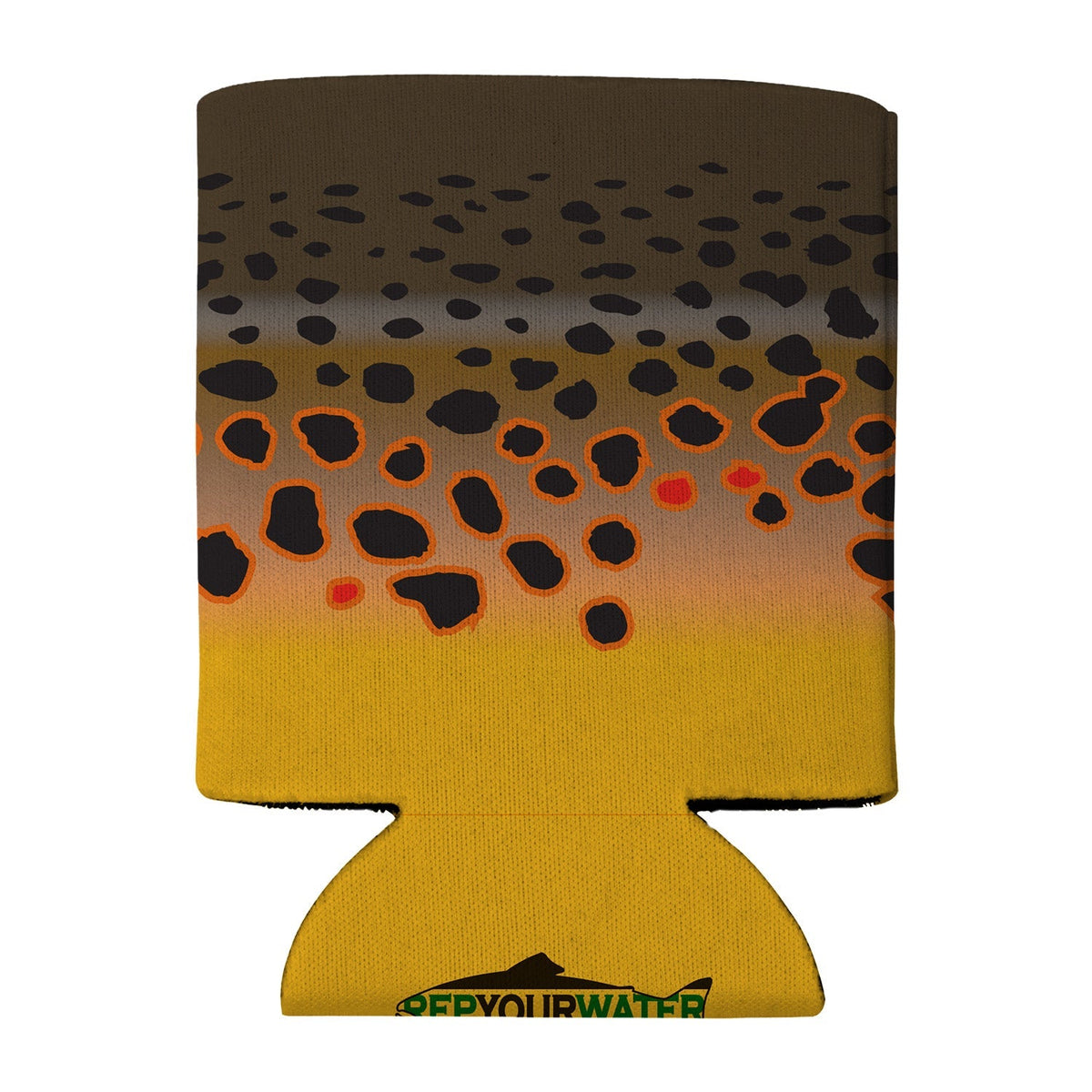 Brown Trout Skin Eco Coolie featuring a fish pattern design on an eco-friendly drink sleeve