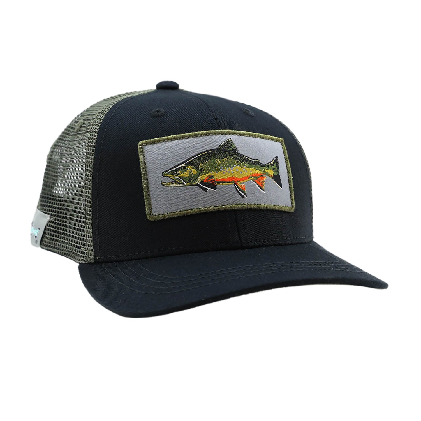 Black hat with green mesh back and rectangle patch on the front with green border showing a full color brook trout