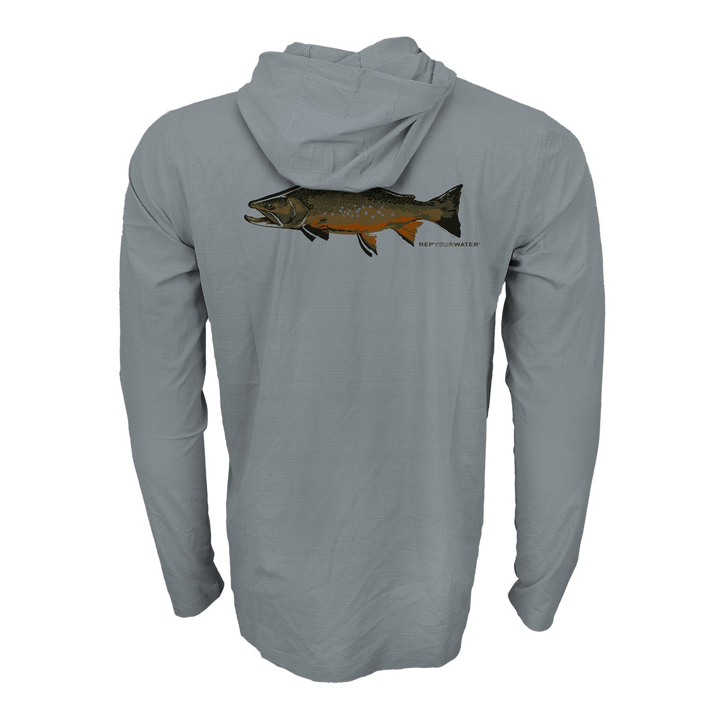 Granite hooded sun shirt with brook trout illustration centered on the back.
