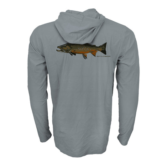 Granite hooded sun shirt with brook trout illustration centered on the back.