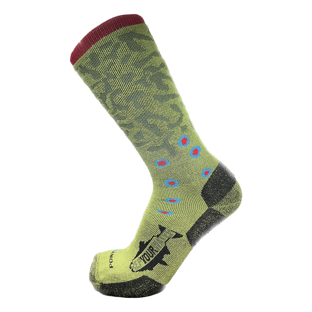 A sock with the pattern of a brook trout also has a logo on the foot that reads repyourwater in a trout silhouette
