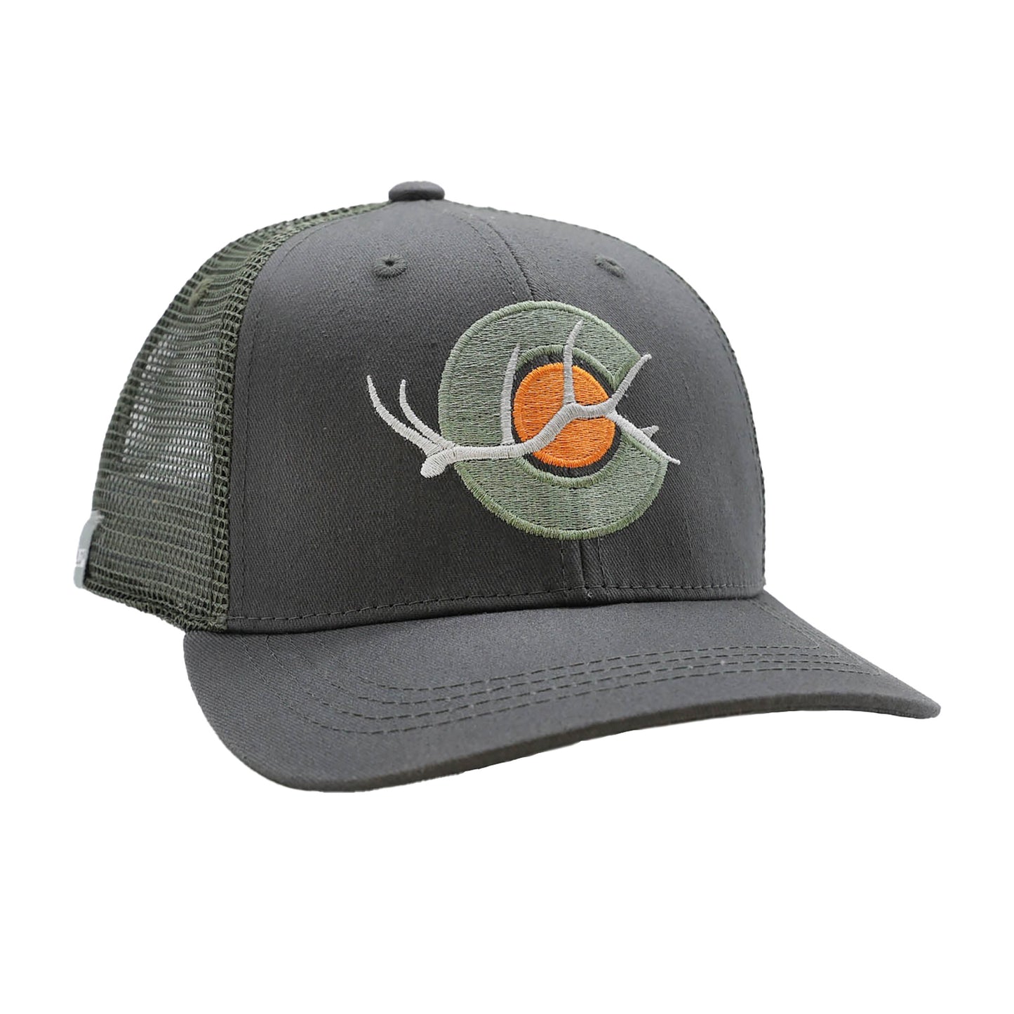 gray front green mesh back hat with an elk tine on the front in white and the C and sun behind all embroidered