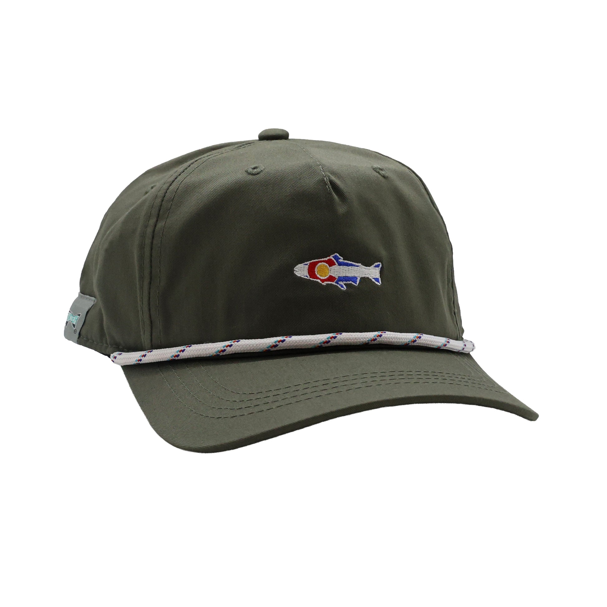 Olive unstructured rope hat with embroidered Colorado-flag fish on front.