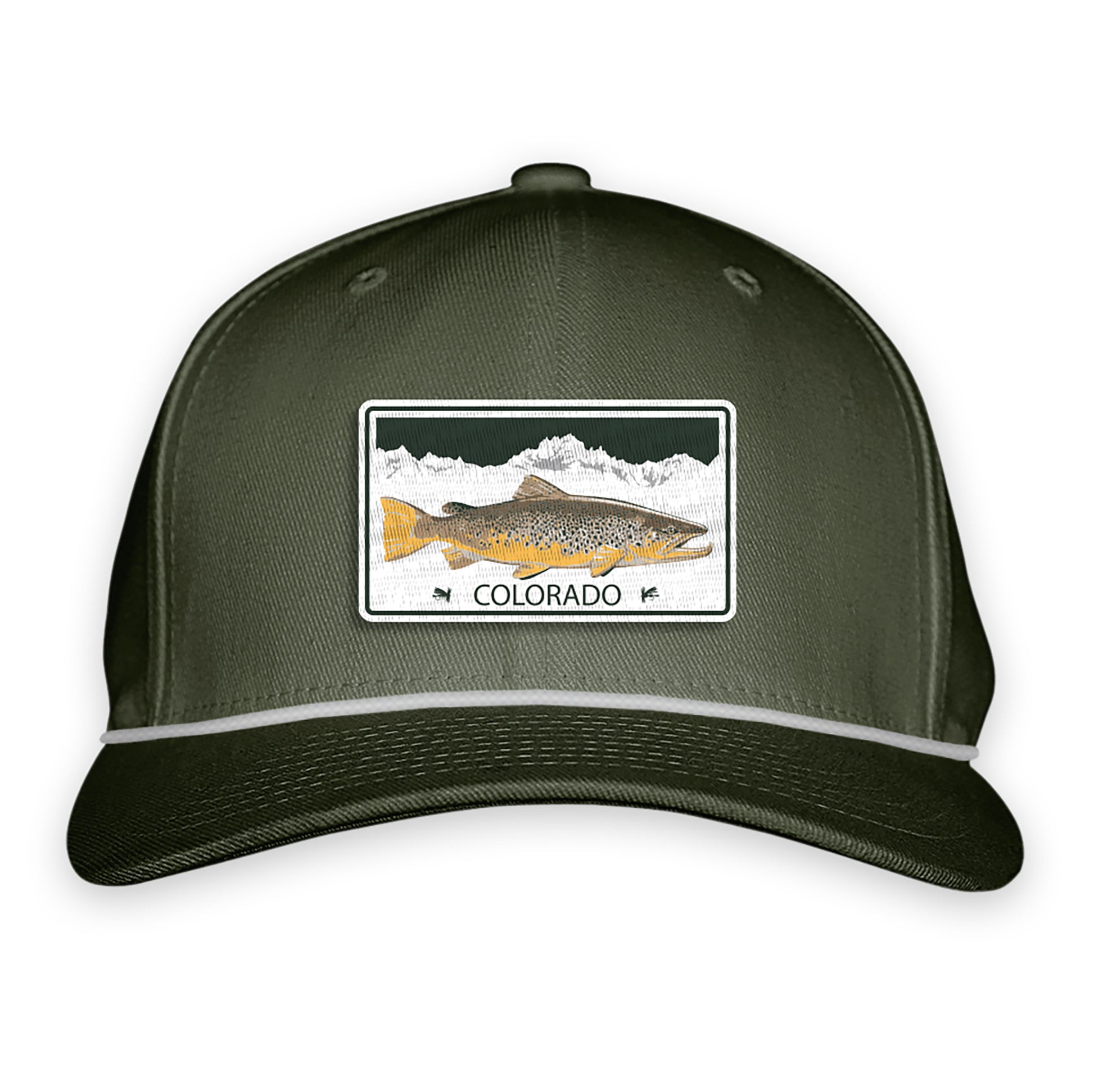 Green hat with a patch on the dront showing the colorado license plate and a brown trout. Text that reads colorado