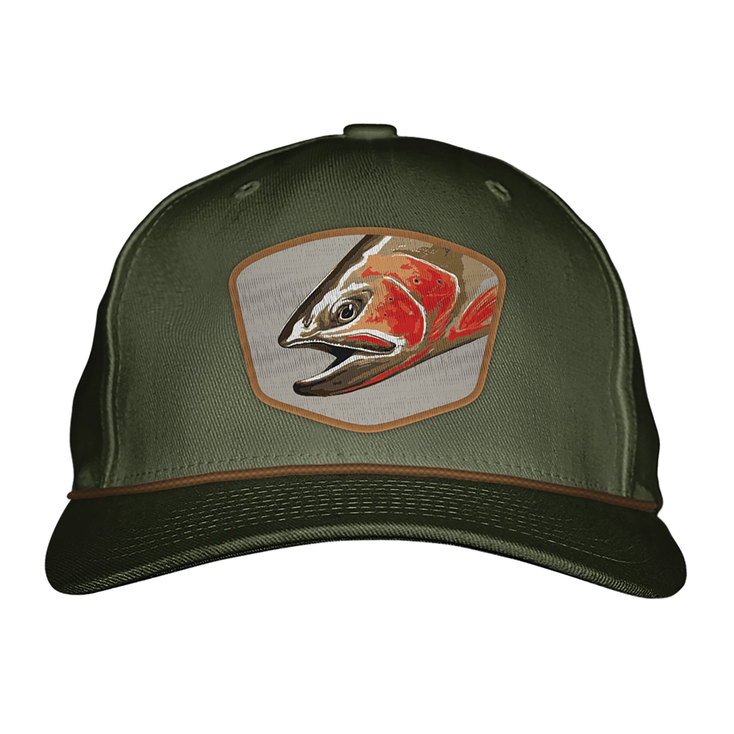 Green hat with a patch in the front that shows a cutthroat trout head