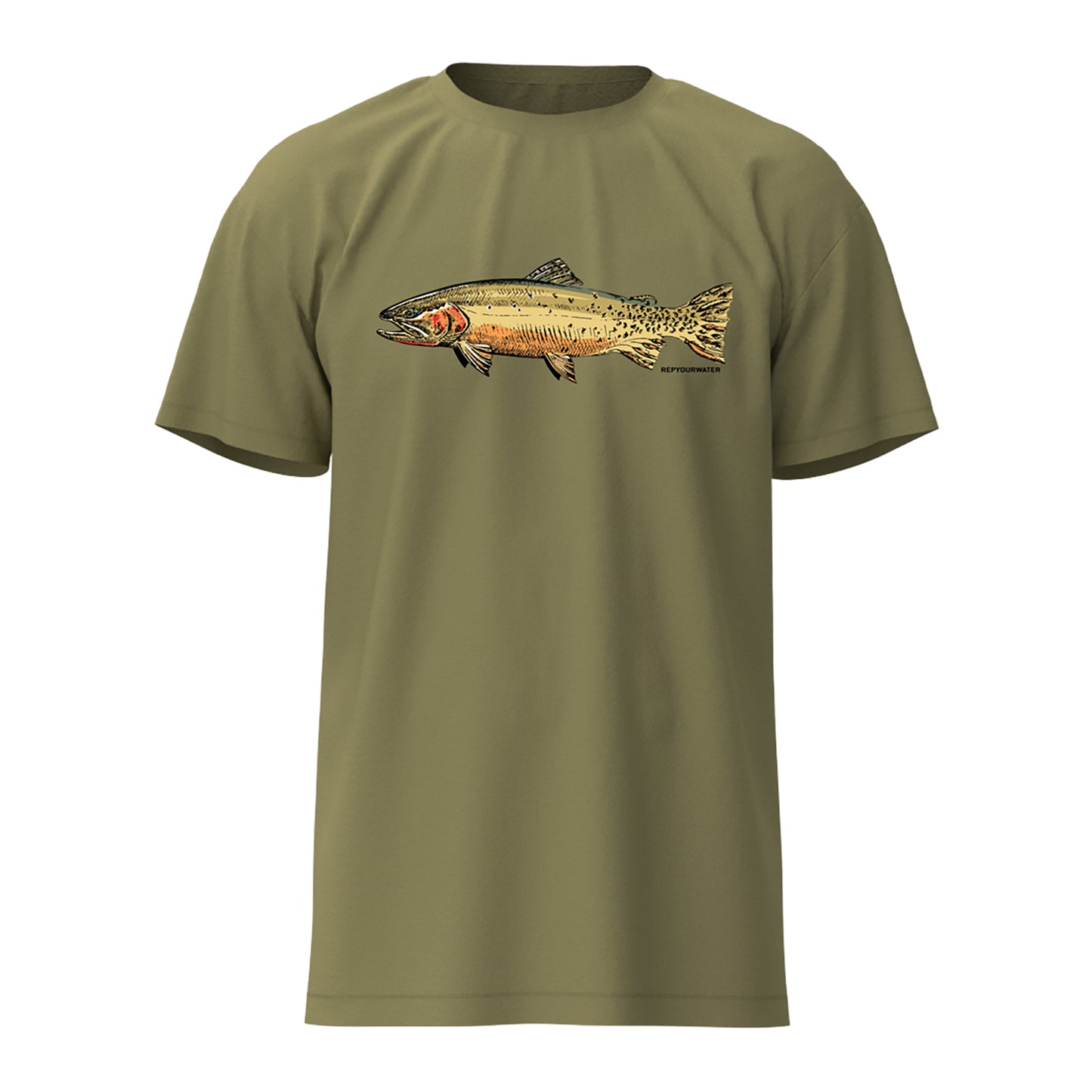 olive green shirt with a colored cutthroat print on the front and fishing flies as the spots on the tail