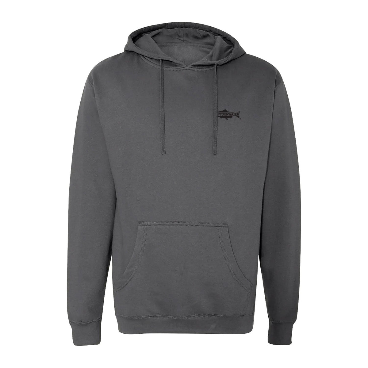 A dark gray pullover hoodie with a small black fish logo on the left chest, displayed on a solid white background.