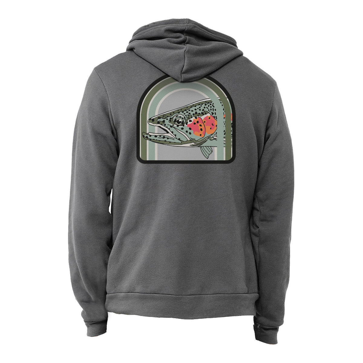 A dark gray hooded sweatshirt shown from the back, featuring a large graphic print of a trout with red spots inside an arched frame on the upper back.