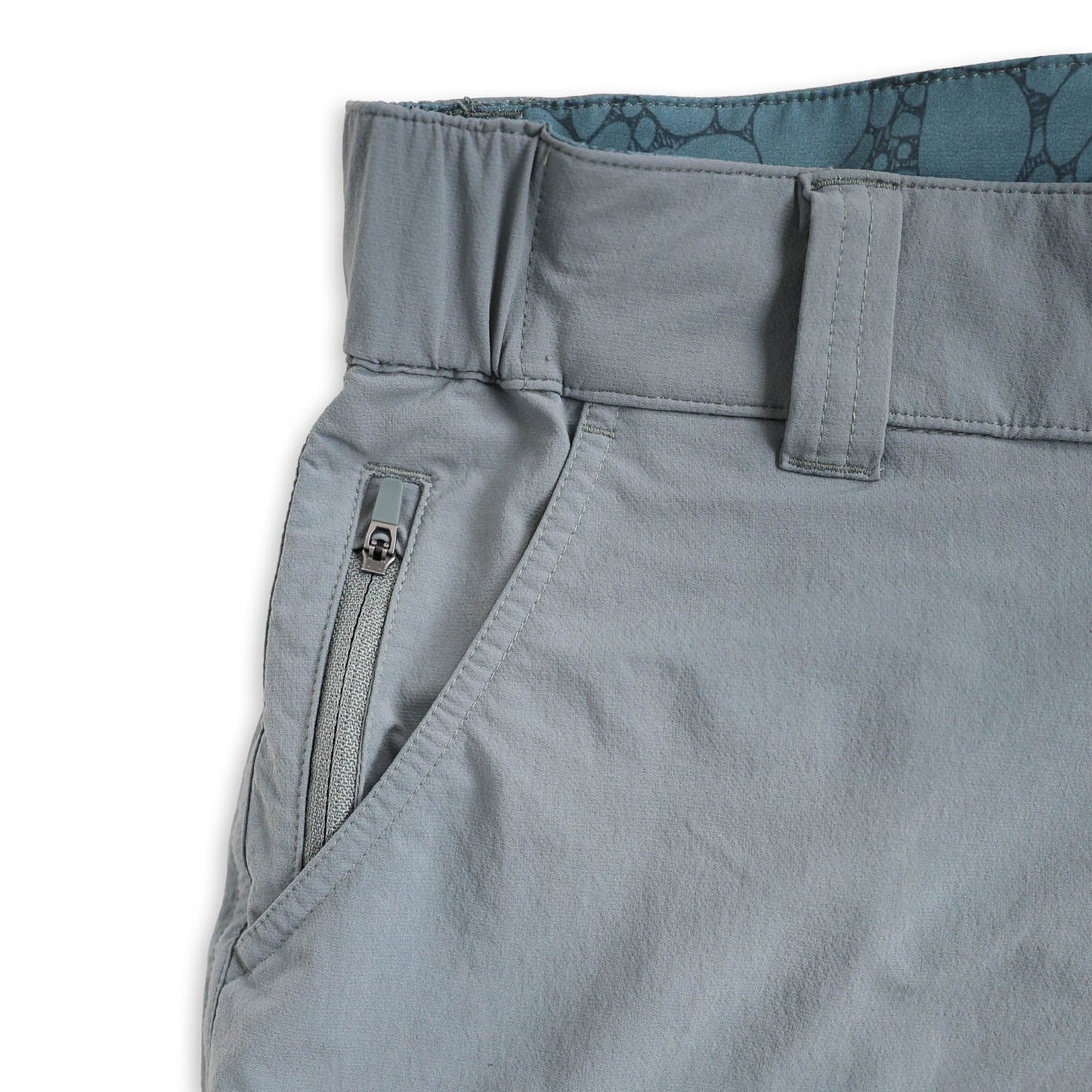 Close-up of light bluepants with a zipper and patterned lining on a white background