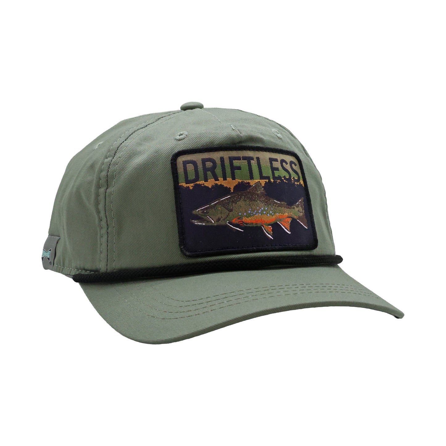 Olive unstructured 5-panel hat with 'Driftless' trout patch on front.