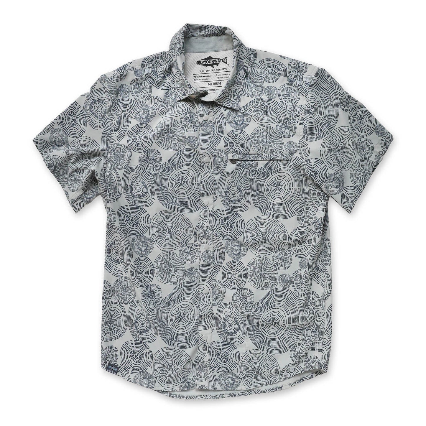 gray button down front with tree ring pattern in black