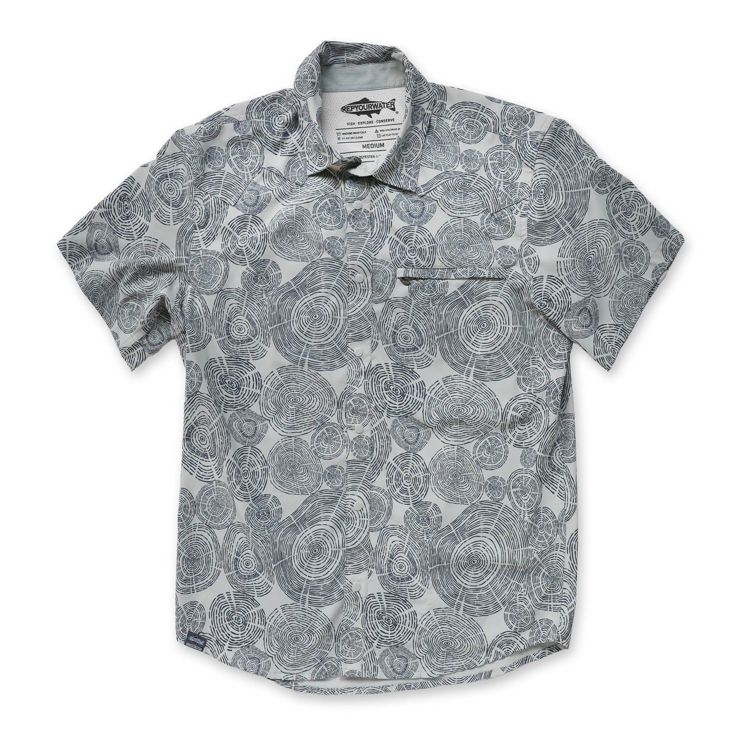 gray button down front with tree ring pattern in black