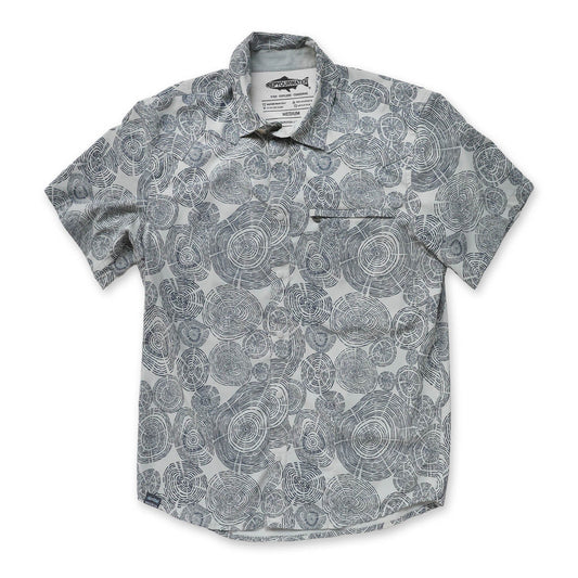 gray button down front with tree ring pattern in black