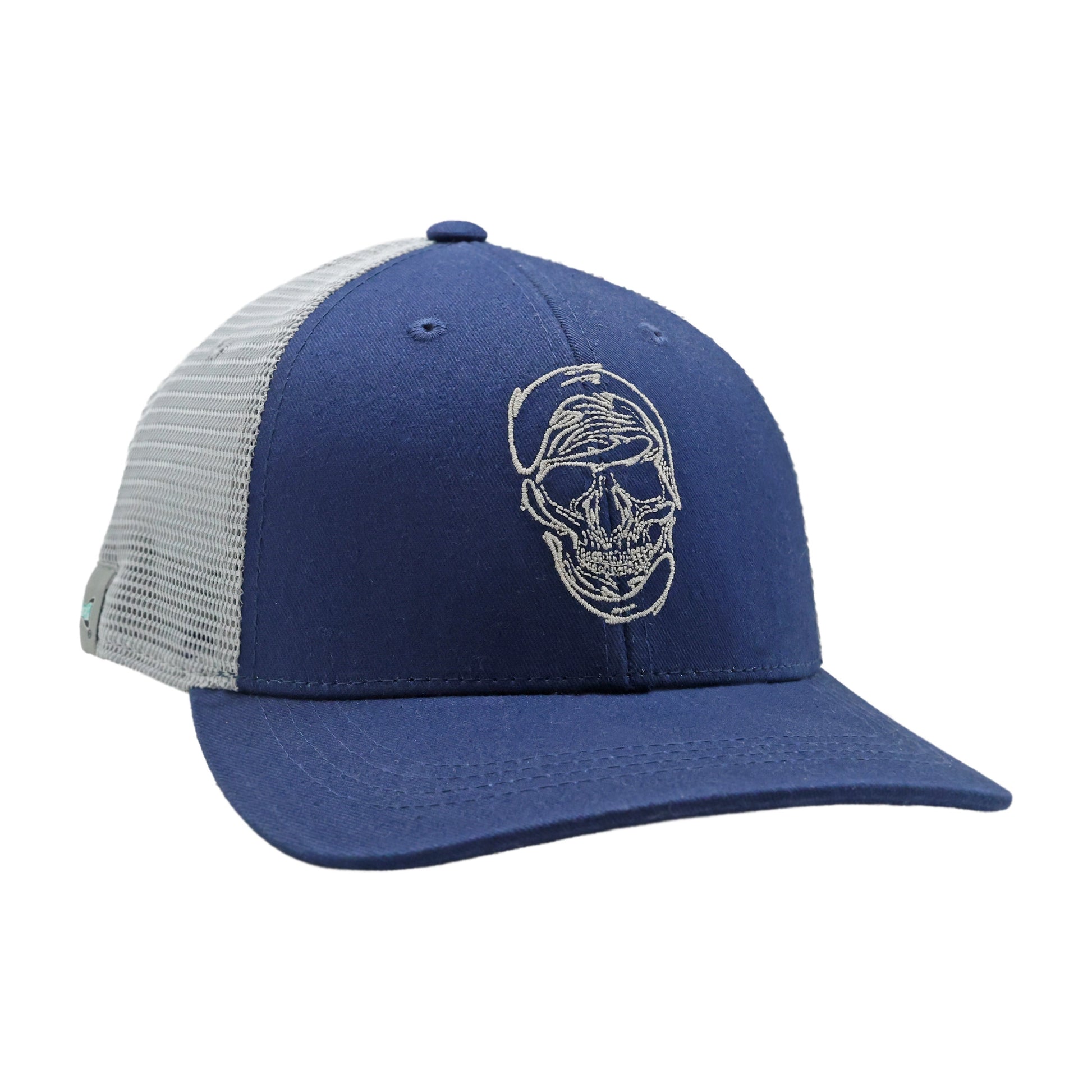 Blue and gray trucker hat with embroidered fish skull line art on front.