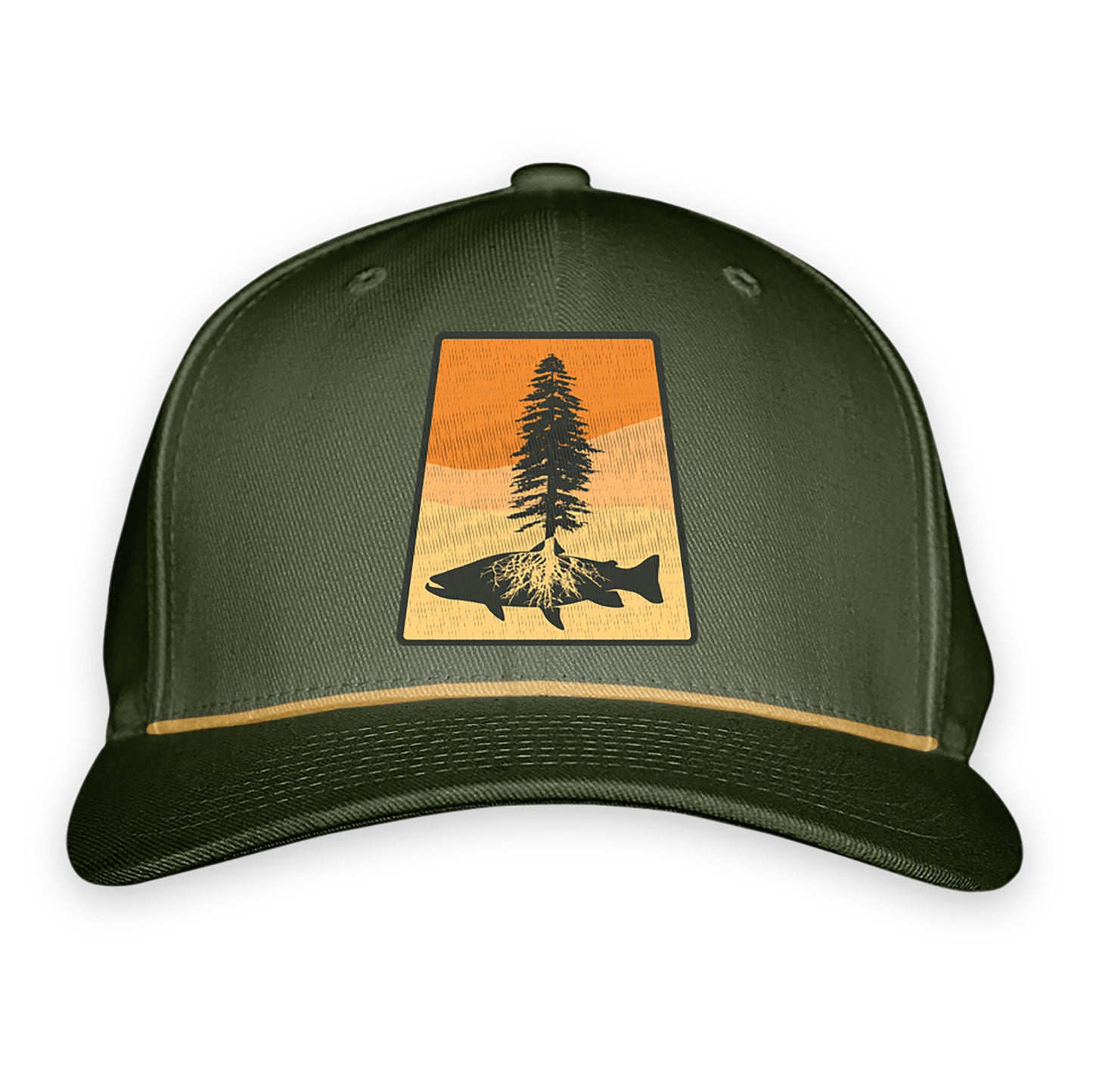 Green full cloth hat with a patch of a tree and trout silhouette and yellow rope