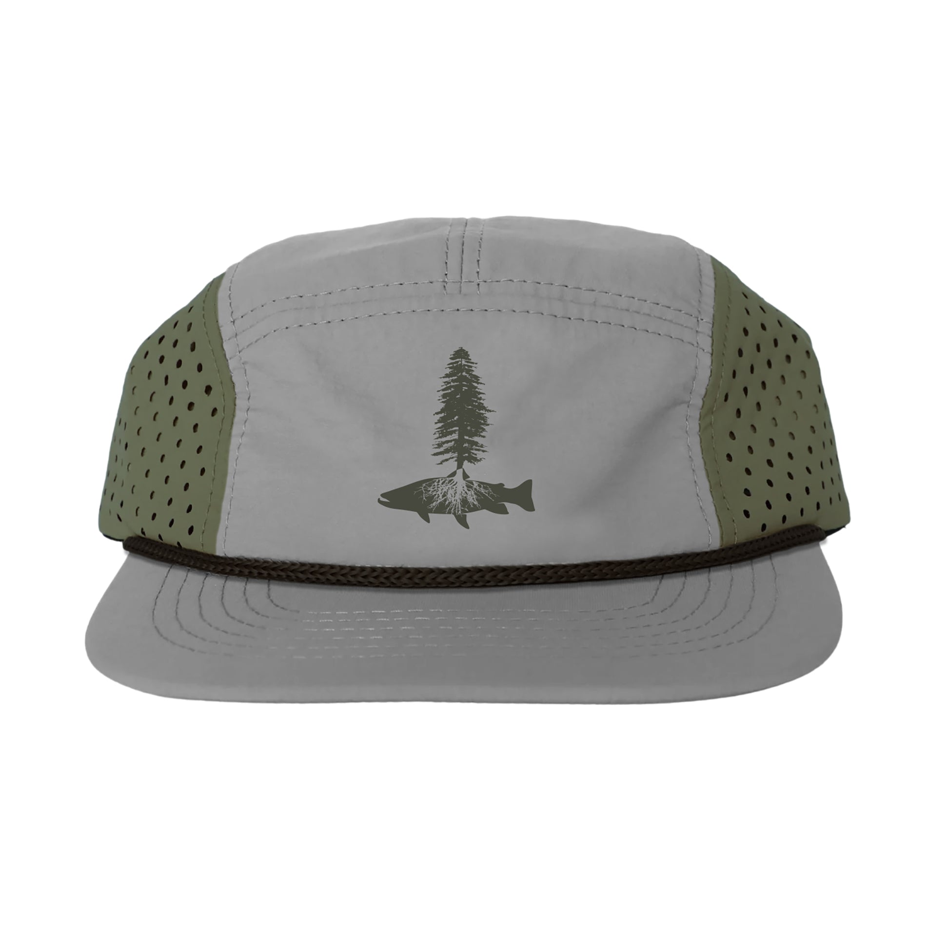 gray hat with green mesh sides and black rope with a tree and trout silhouette on the front