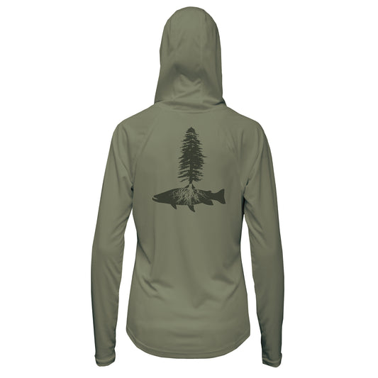 sage green sun hoody with a tree and trout silhouette