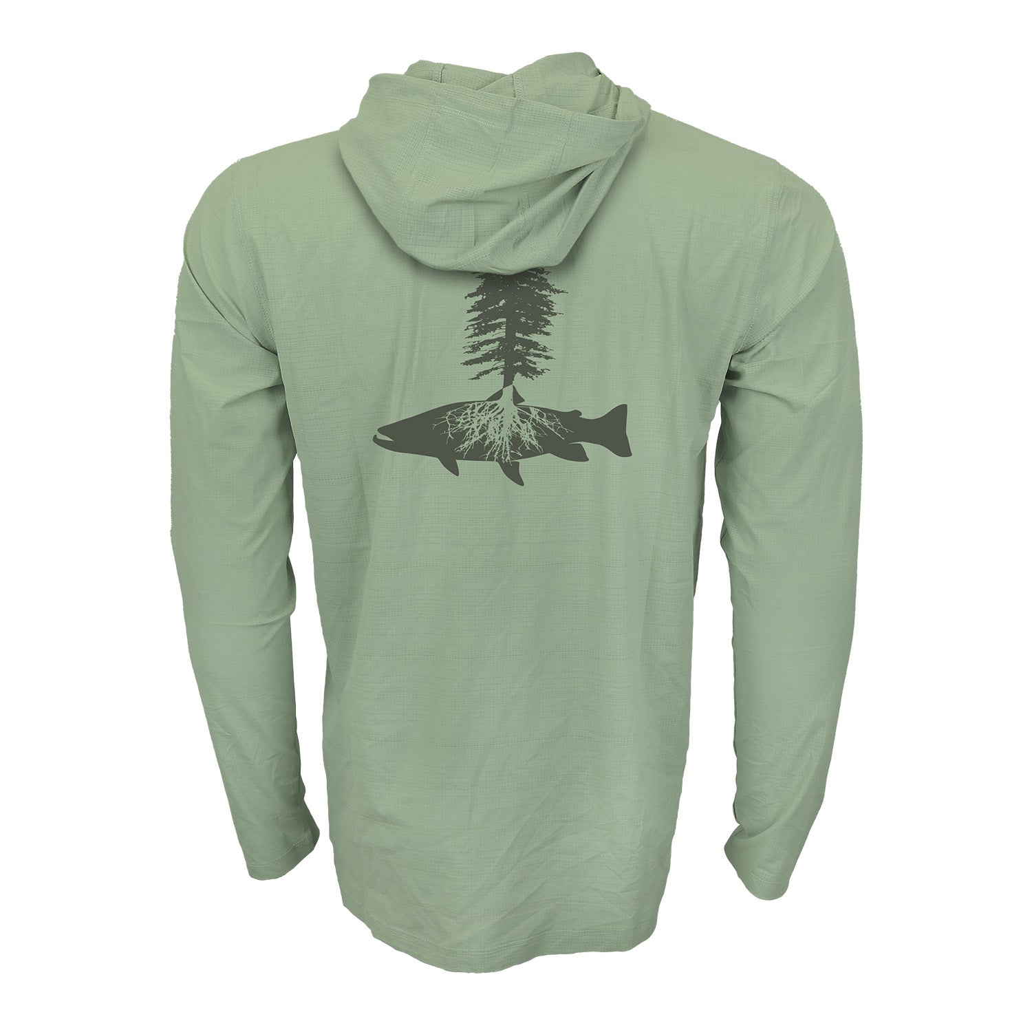 lichen flolite sun hoody with a tree and trout silhouette on the back