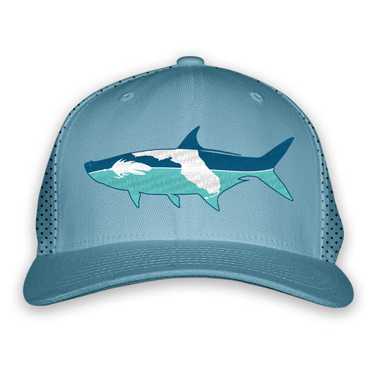 Light blue nylon mesh back aht with a tarpon silhouette on the front with a fly and state of florida inside