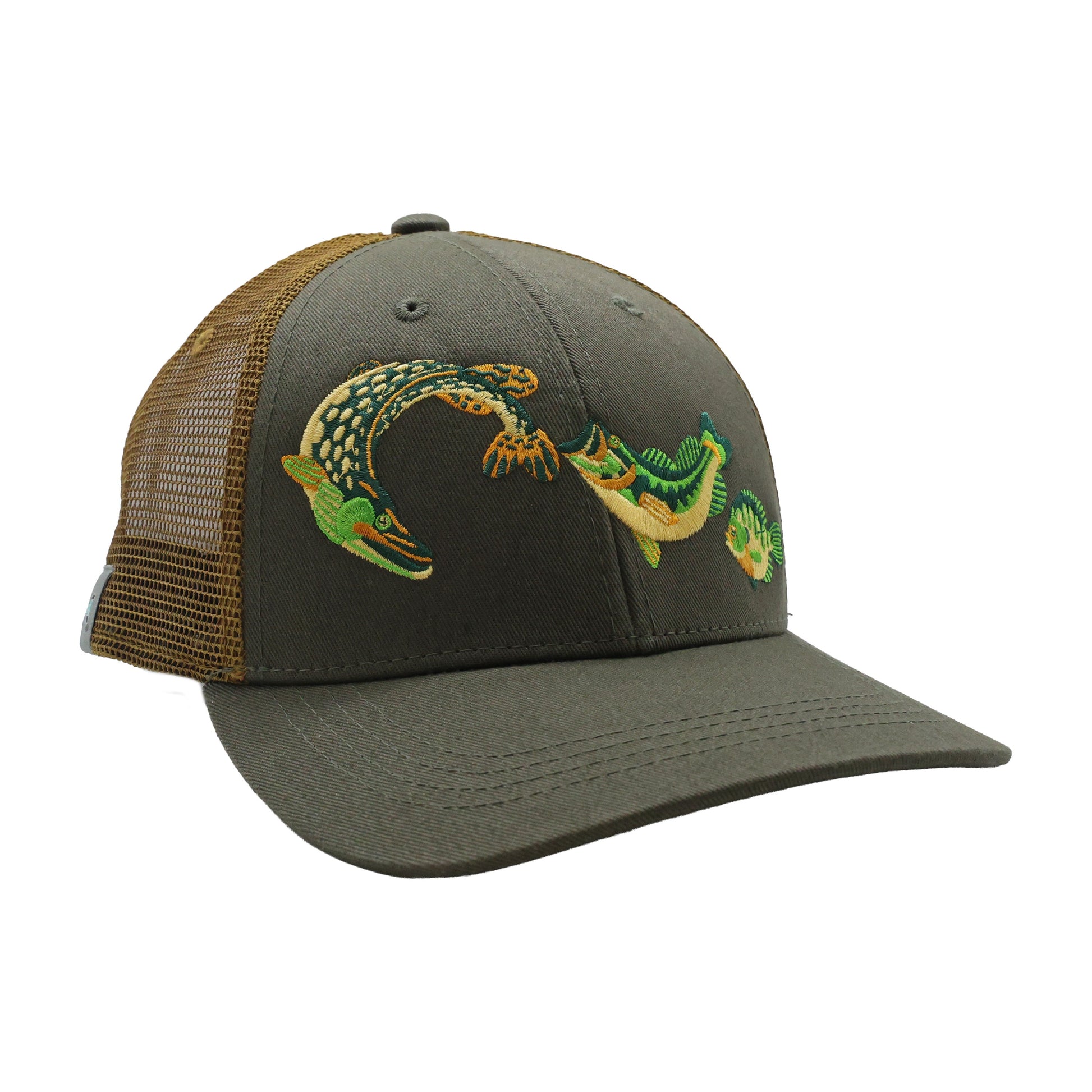 Olive and brown trucker hat with embroidered retro trio of leaping fish across front.