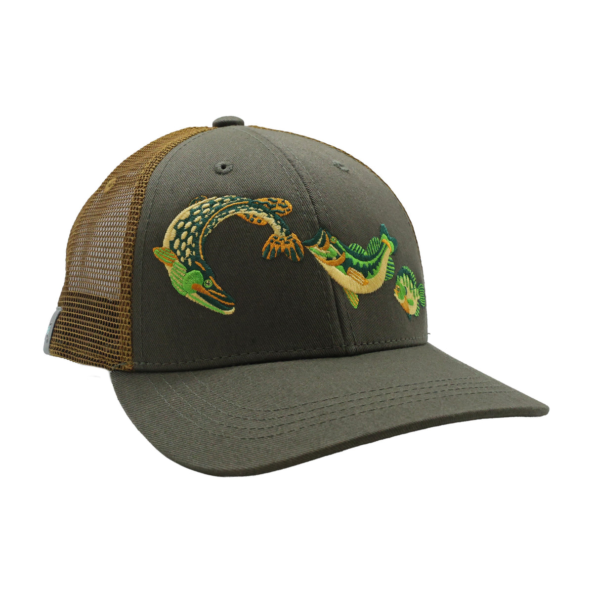 Olive and brown trucker hat with embroidered retro trio of leaping fish across front.