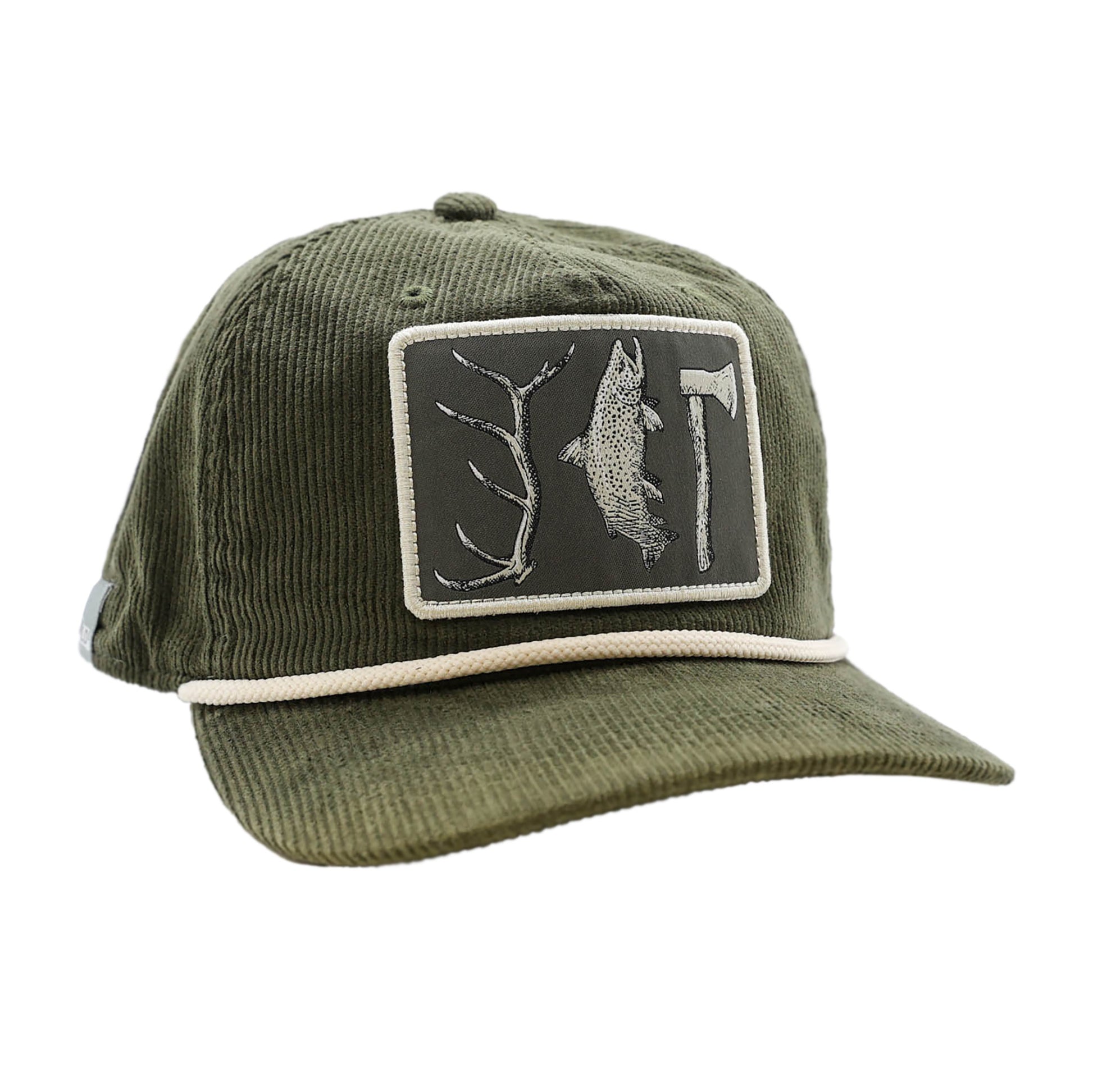 full cloth corduroy green hat with a white rope and a patch on the front showing a elk tine, fish, and axe pen and ink