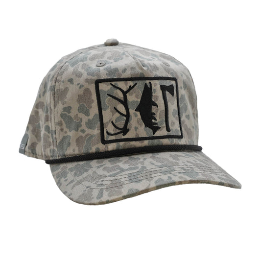 full cloth retro camo hat with black rope. the front has embroidered square with a elk tine fish silhouette and axe in black