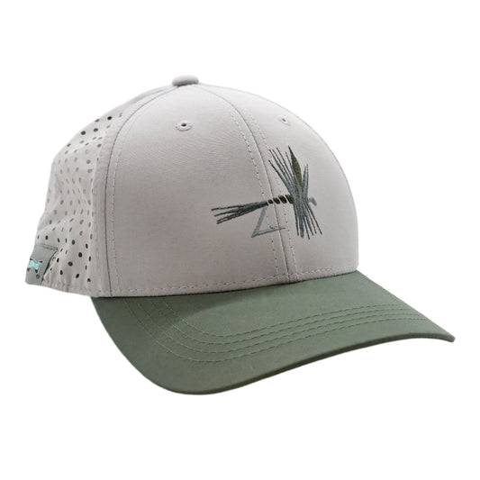 Light gray and olive performance hat with embroidered dragonfly on side panel.