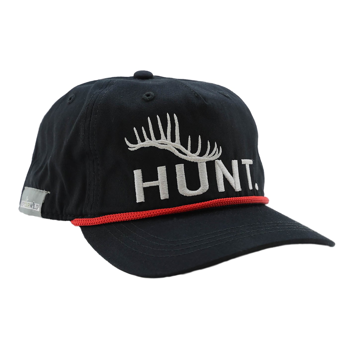 black hat with white rope that has the word hunt on the front and an elk tine in white embroidery