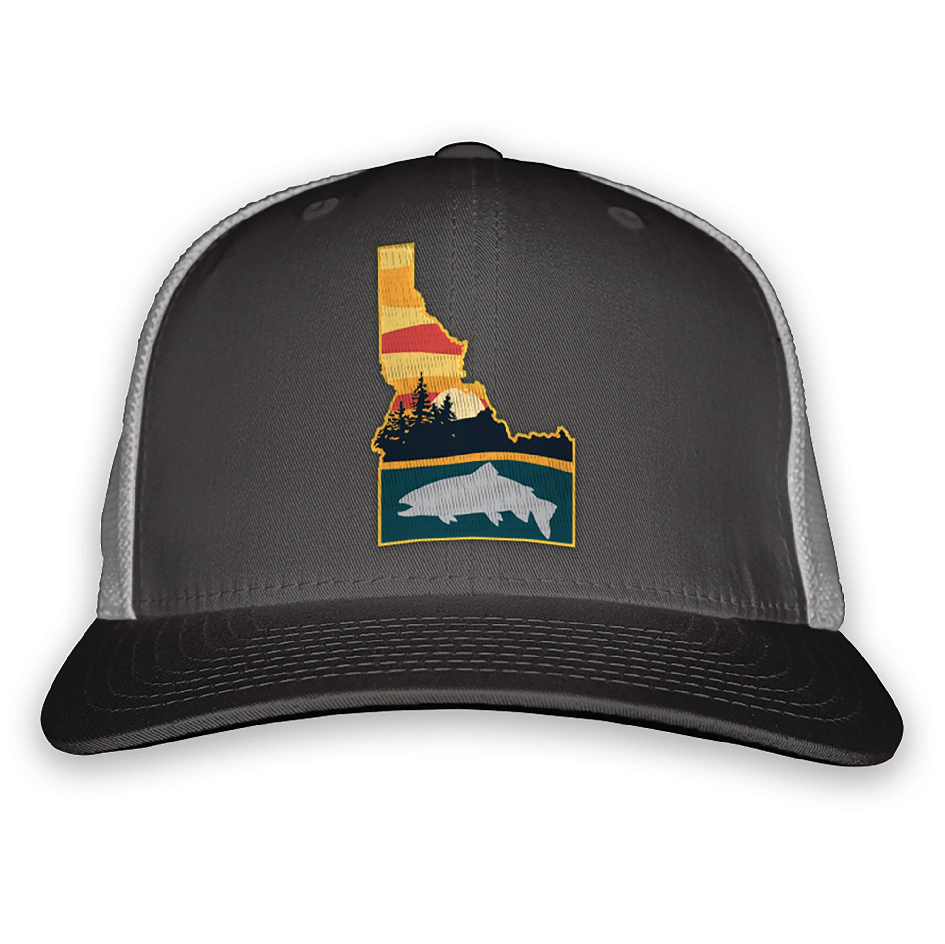 gray front and light gray mesh back hat with the state of idaho on the front and a sunset mountain scape and trout silhouette inside. 