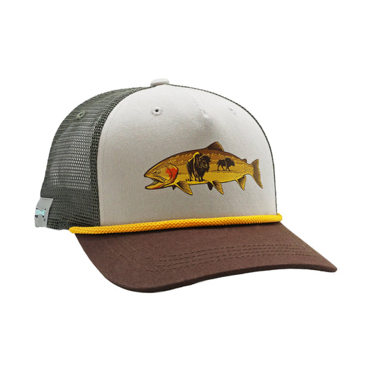 Brown, gray and green hat that has a cutthrought on the front with bison inside and a yellow rope

