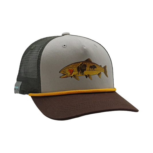 Gray and brown 5-panel trucker hat with bison-in-trout illustration patch and yellow rope brim.