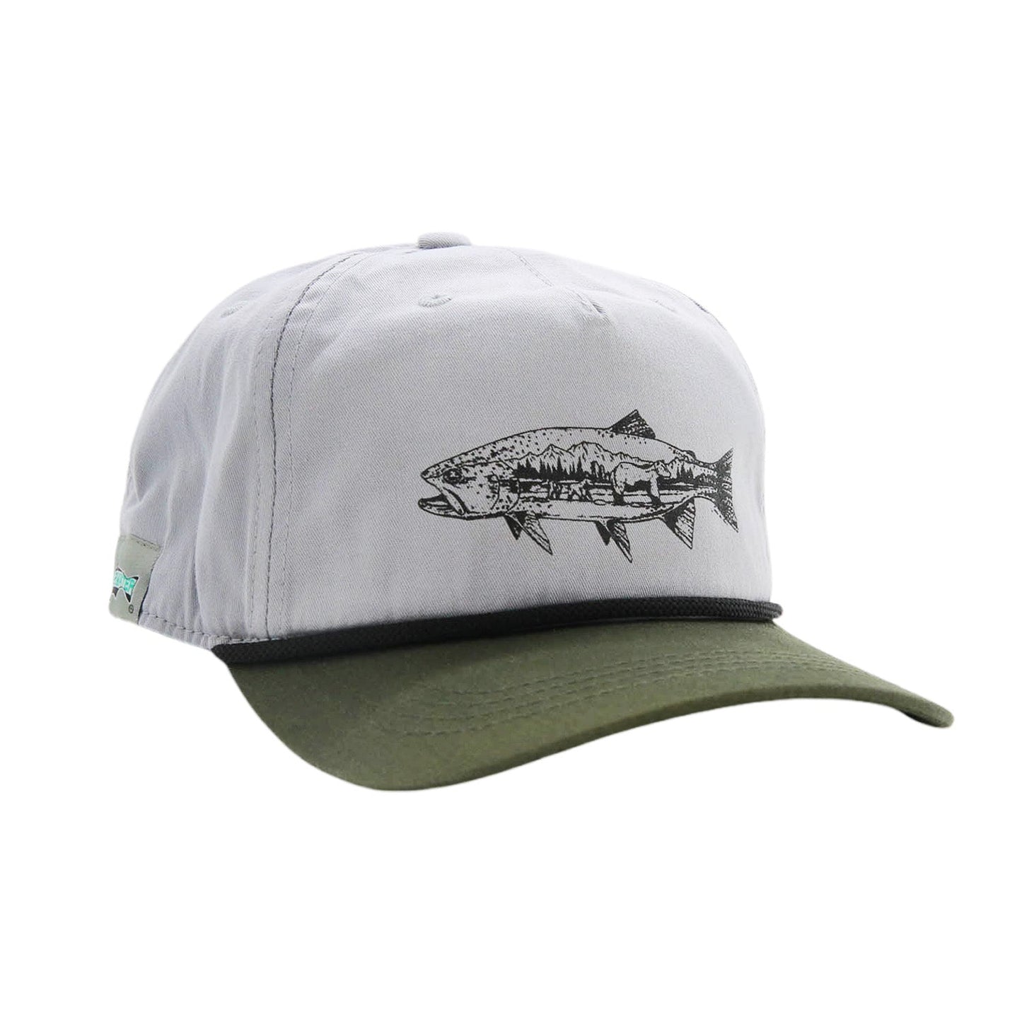 light gray full cloth hat and green bill with a black rope hat with a trout on the front showing mountain scape and bears