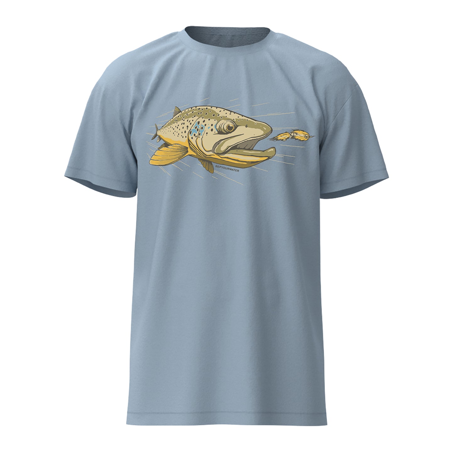 Light blue shirt with a brown trout chasing a streamer on the from