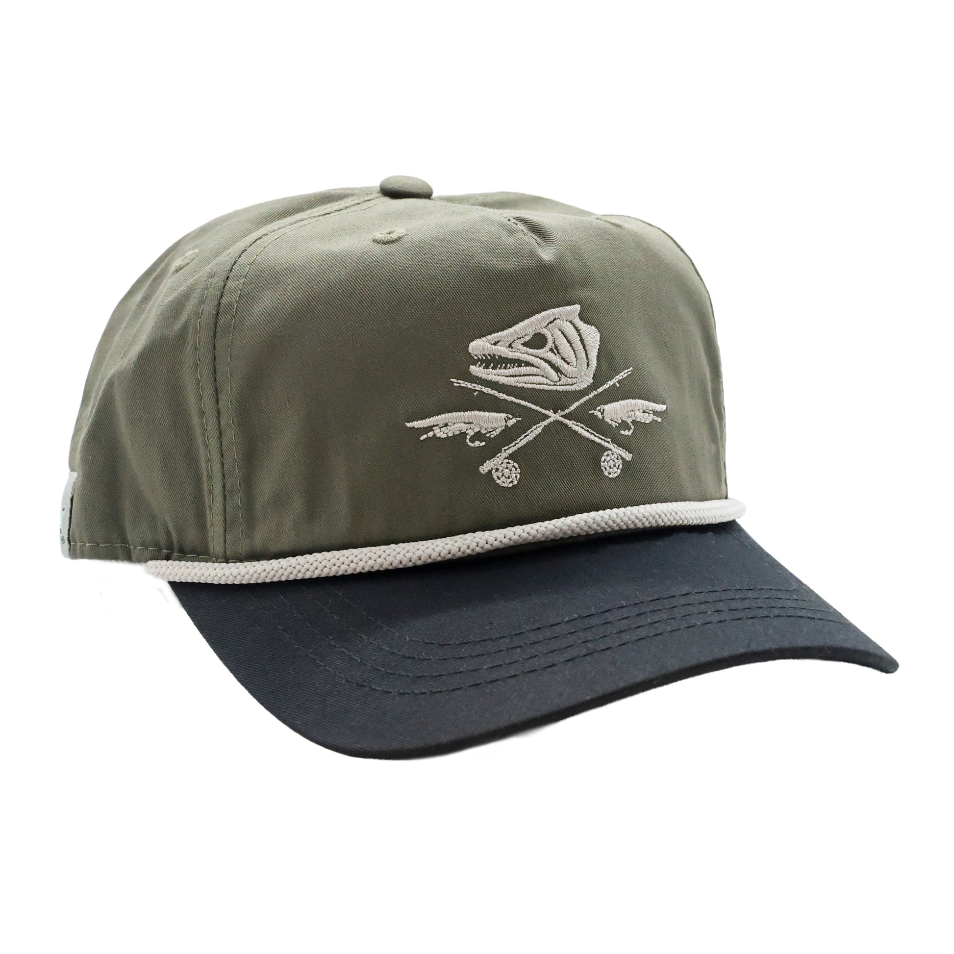 Olive and black unstructured rope hat with embroidered fish skeleton and crossed fly rods.