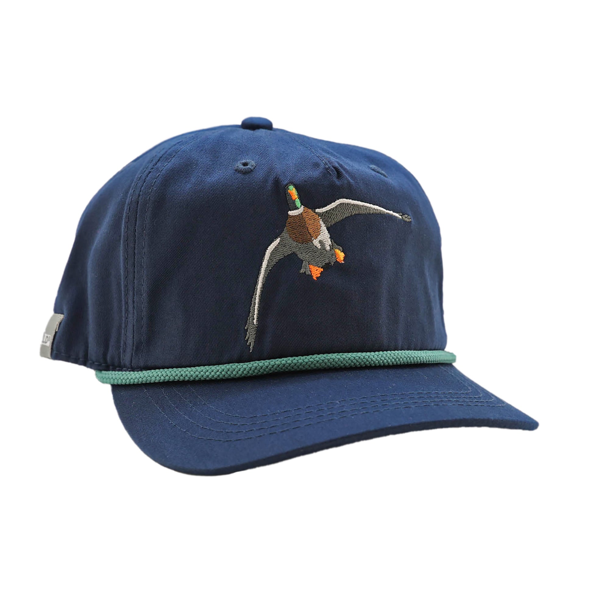 full cloth navy hat with green rope and an embroidered mallard duck on the front
