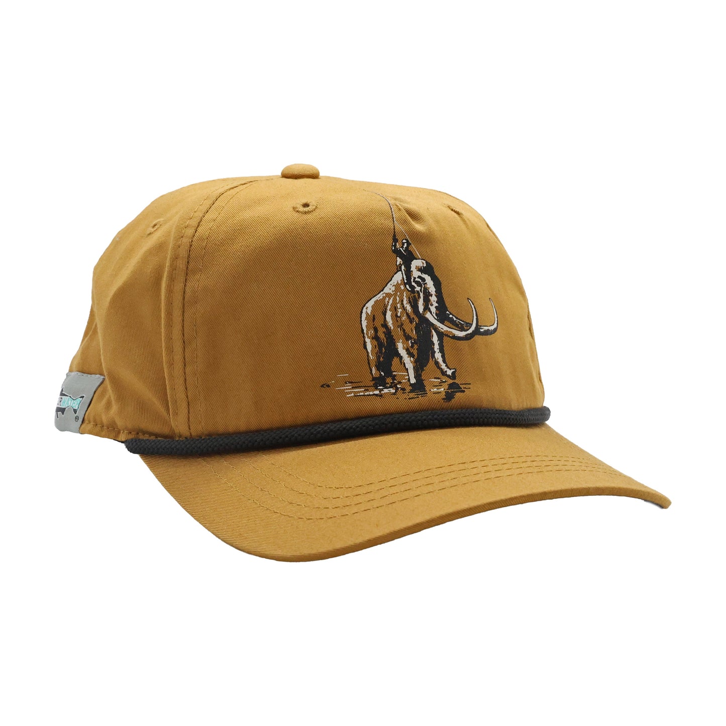 Mustard unstructured 5-panel rope hat with mammoth illustration on front.