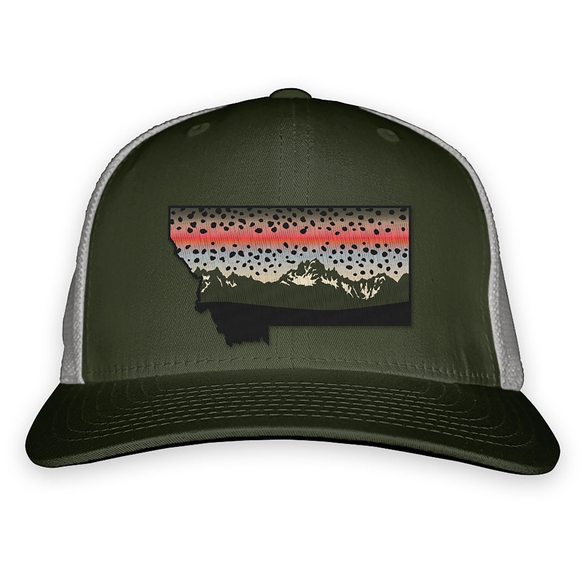 Green front and light gray mesh back hat with a patch of montana on the front showing mountains and a rainbow pattern sky