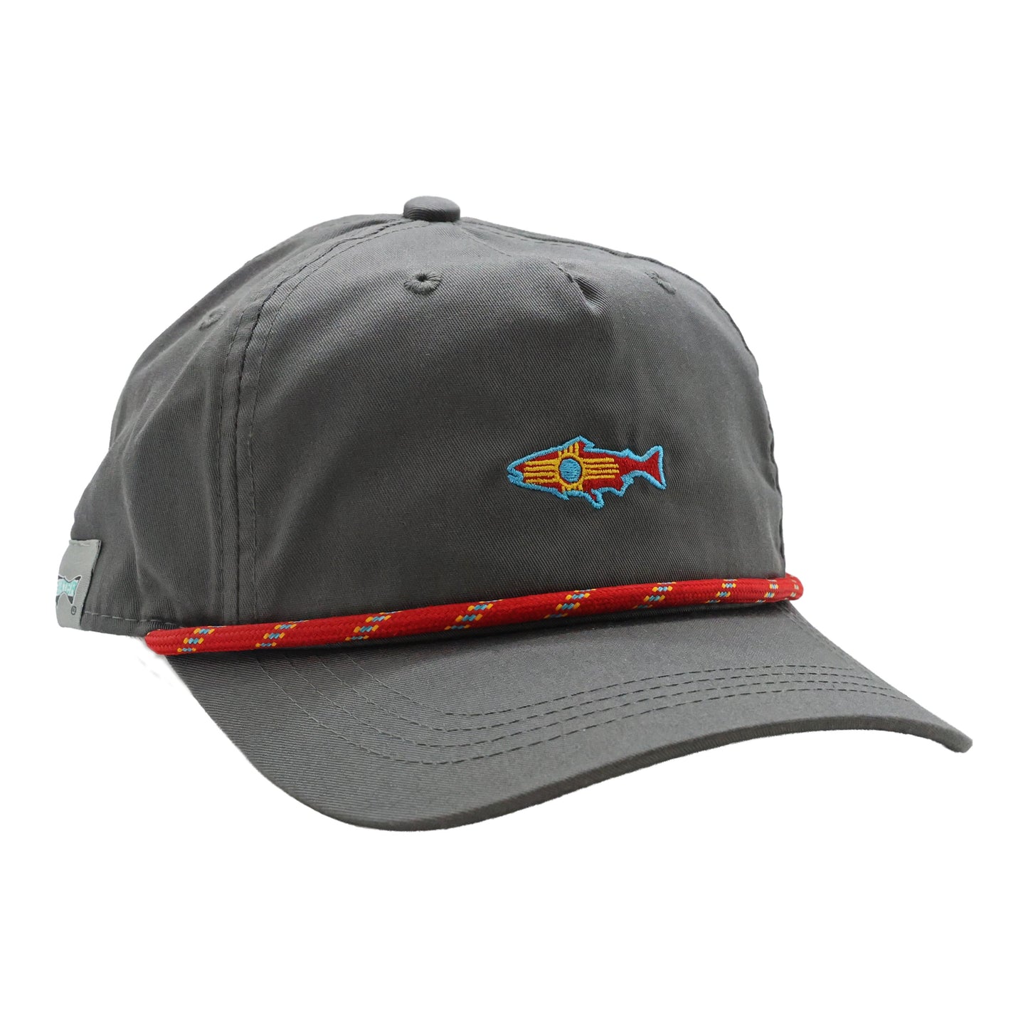 Charcoal unstructured rope hat with embroidered New Mexico-flag fish and red rope accent.