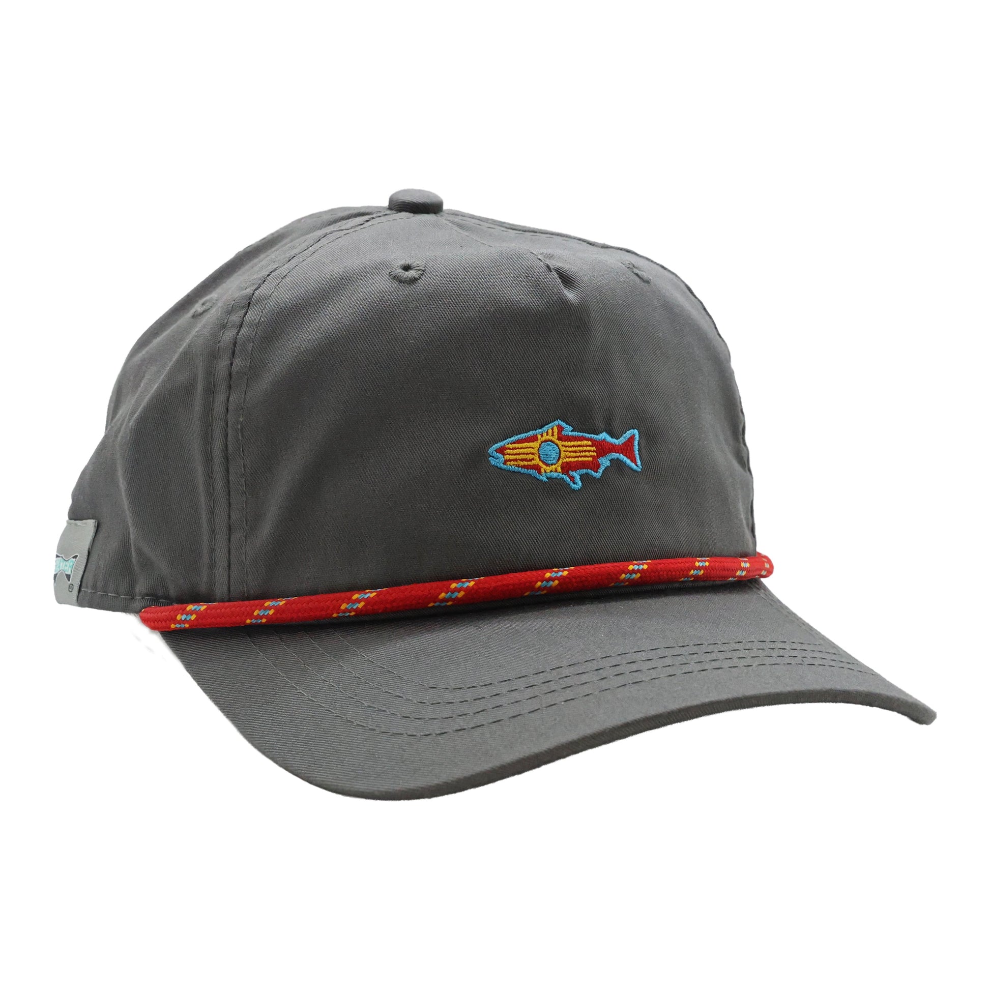 Charcoal unstructured rope hat with embroidered New Mexico-flag fish and red rope accent.