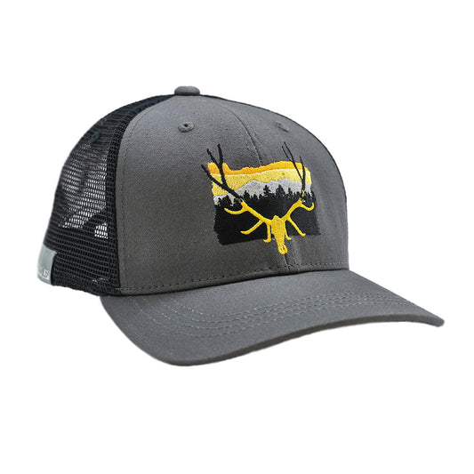 gray hat with black mesh back and embroidered front showing an elk head in front of the Oregon state silhouette with trees and mountain and sunset 