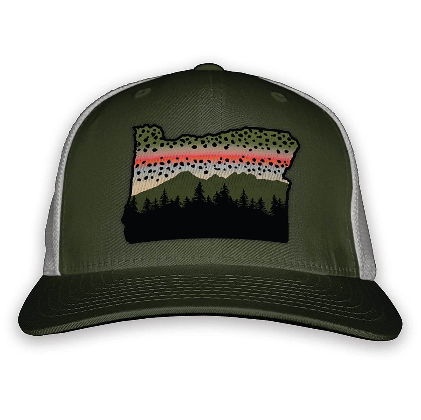 Green front and light gray mesh back hat with a patch of oregon on the front withmountains, trees, and rainbow trout pattern