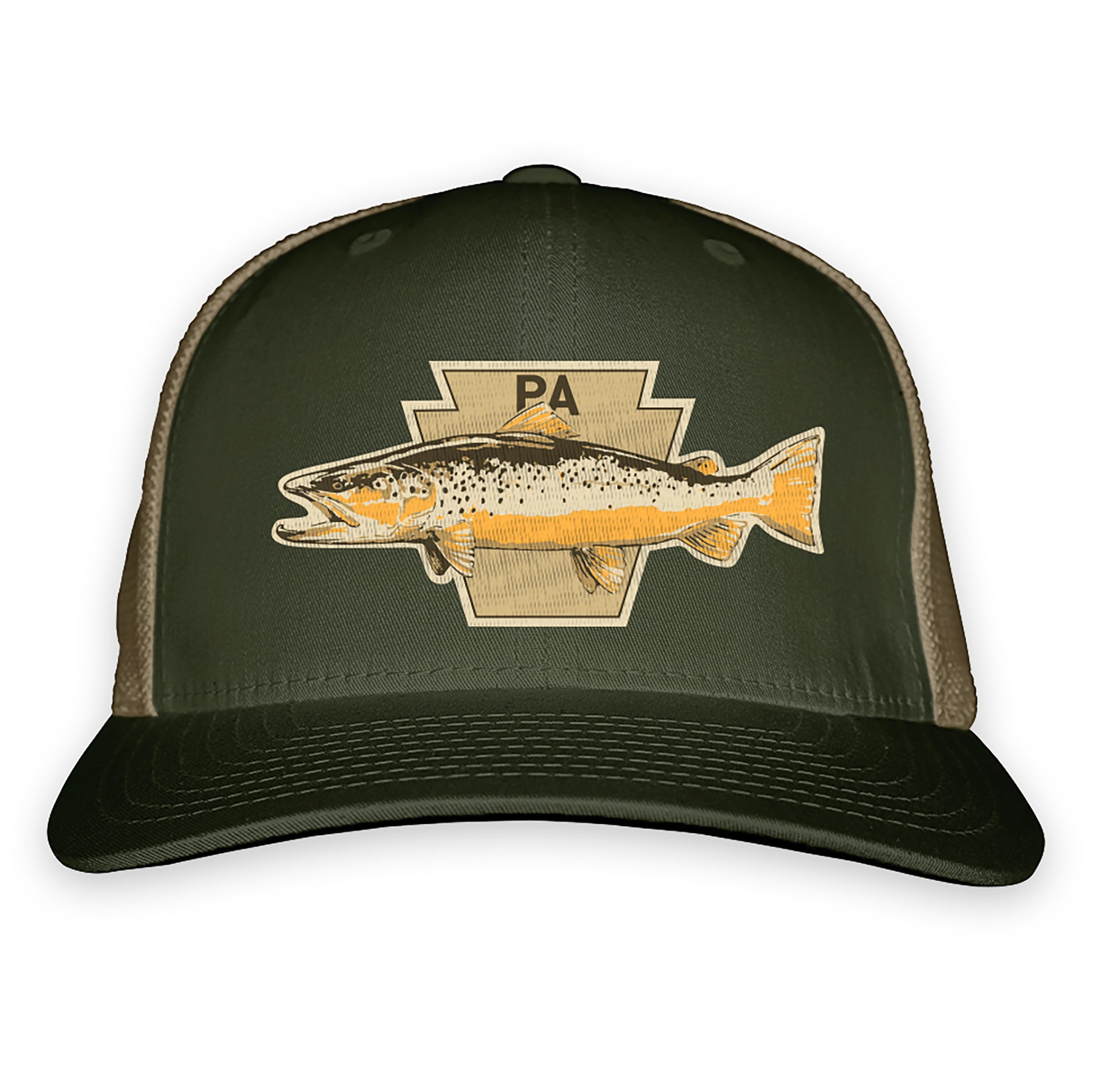 Green front and tan mesh back hat with a brown trout on the front and letter P A