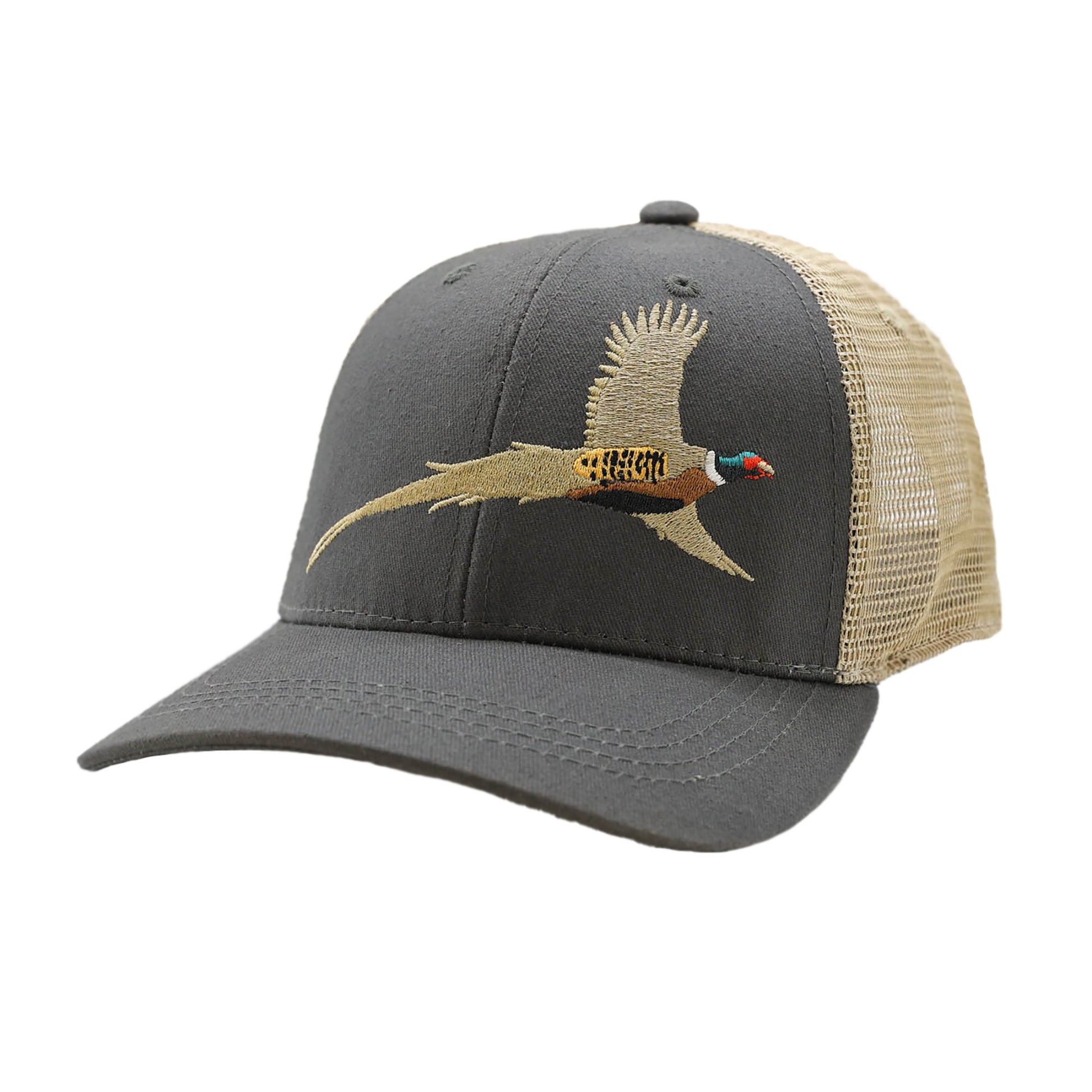 gray front with tan mesh back hat with a n embroidered pheasant on the front 