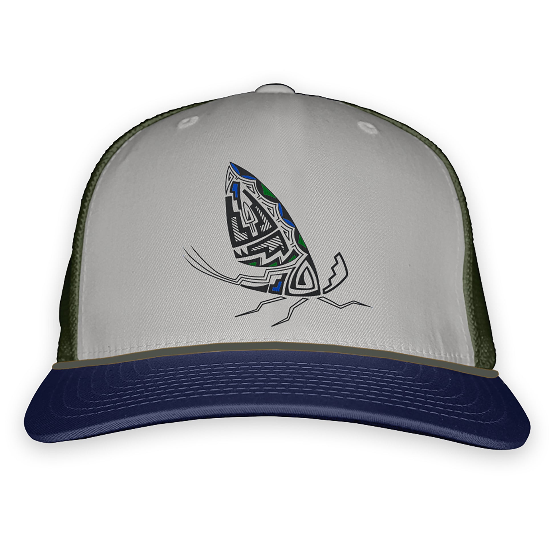 Hat with gray front green mesh back and a blue bill showing a mayfly in pueblo pottery designs